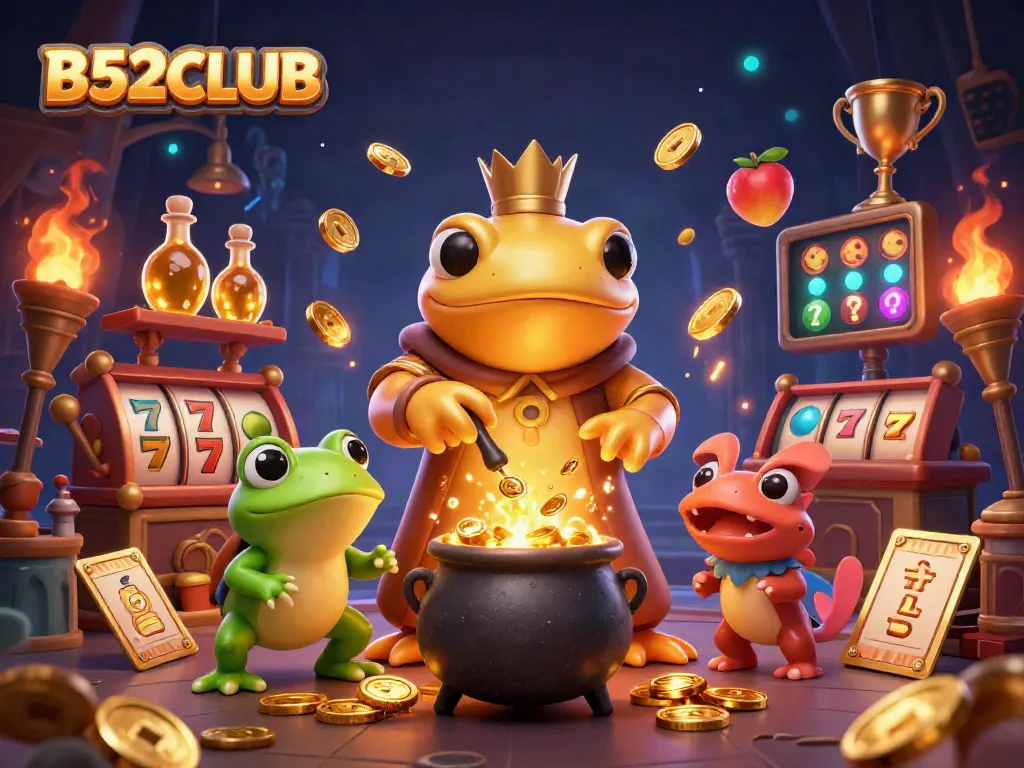 B52CLUB players celebrate winning with golden coins and jackpots in a vibrant casino scene.
