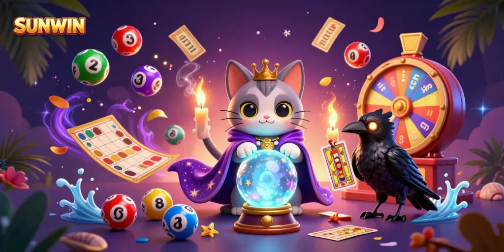 SUNWIN fortune teller cat and raven conjuring magic with vibrant gaming elements, colorful lottery balls, and a prize wheel.