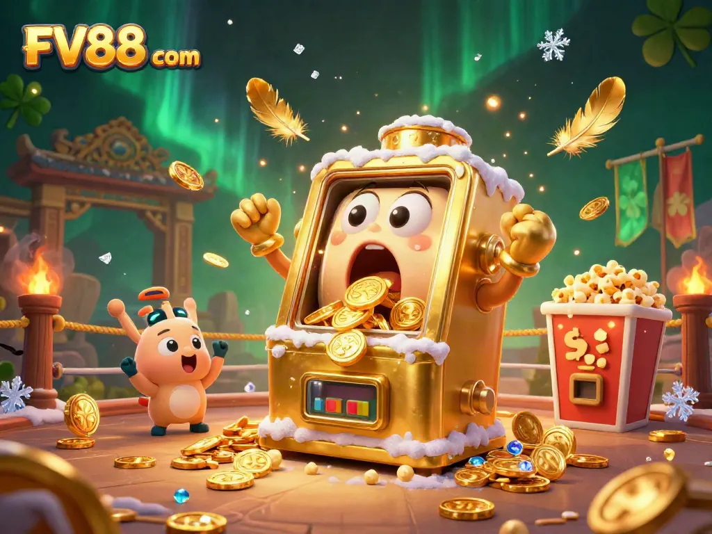 Hit the jackpot at FV88 com with a vibrant 3D golden slot machine surrounded by cheering baby machines.