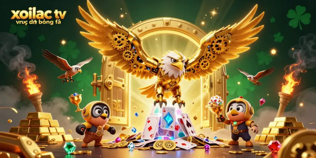 Engage with xoilac tv trực tiếp bóng đá in a vibrant 3D scene, showcasing a cybernetic eagle amidst cascading playing cards and treasure.
