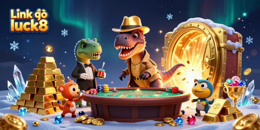 Engage with thrilling casino action at Link vào luck8 featuring vibrant 3D characters near blackjack table.