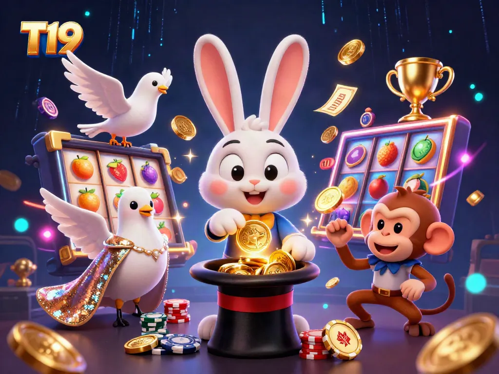 Experience the magic of T19 with a whimsical scene of gaming excitement featuring a magician rabbit, sequined dove, and playful monkey.