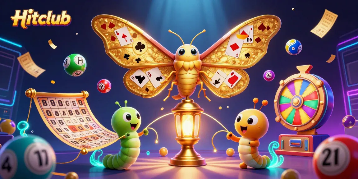 Experience the excitement of Hitclub with vibrant lottery elements and a majestic moth illustration.
