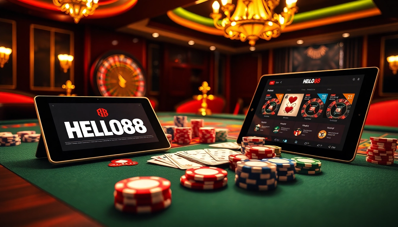 Exciting gaming atmosphere with HELLO88 poker chips and cards on a casino table