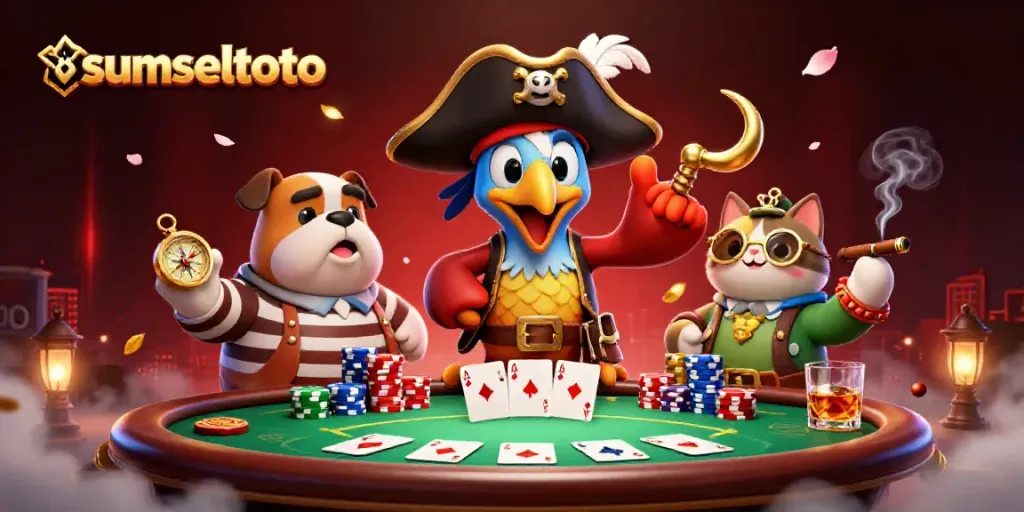 Engage with sumseltoto pirate-themed poker scene featuring vibrant characters and dynamic casino elements.