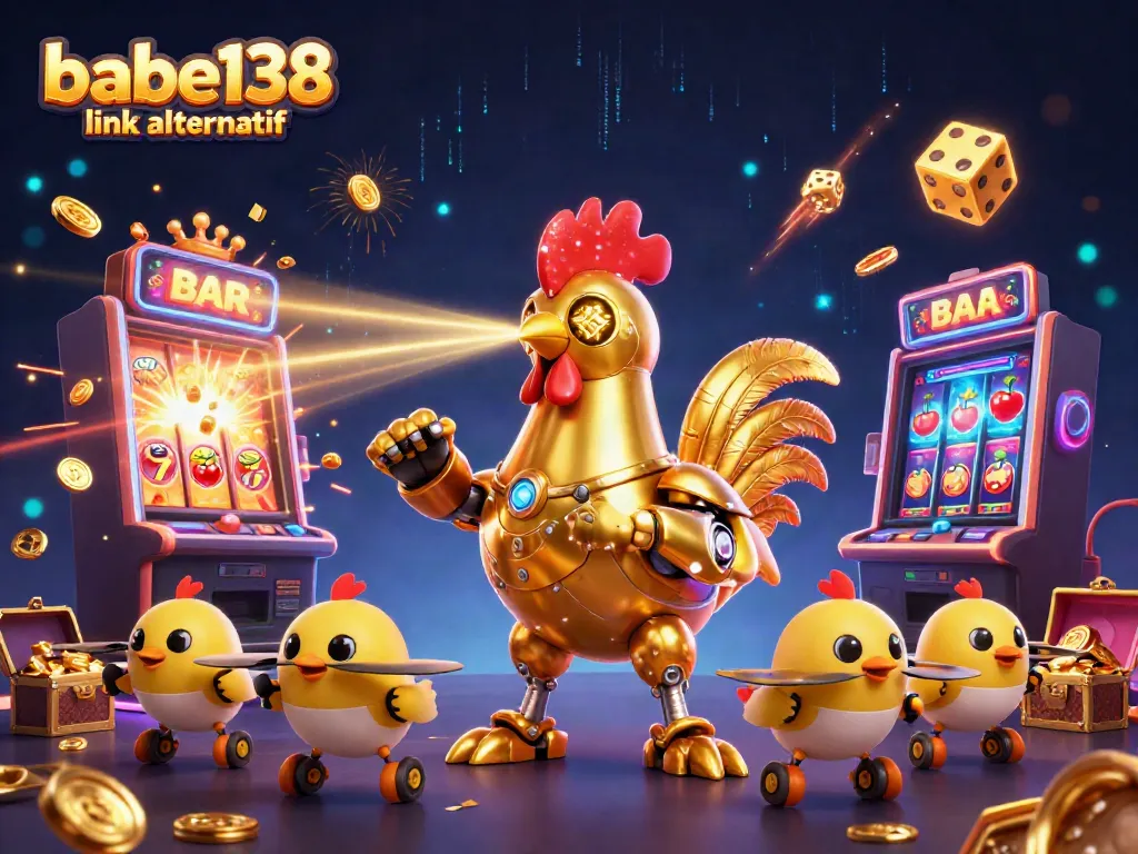 Babe138 link alternatif menunjukkan jackpot mesin slot dengan robot ayam futuristik dan drone anak-anak.