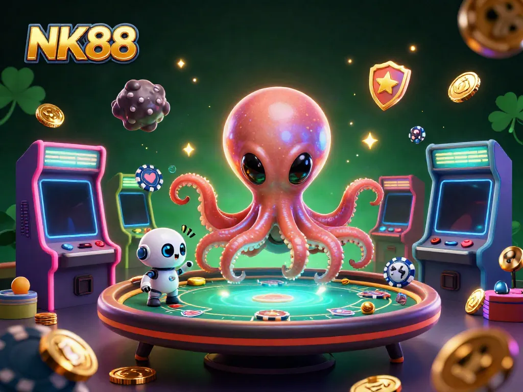Engage with the NK88 poker game featuring an alien octopus and a robot in a vibrant casino galaxy.