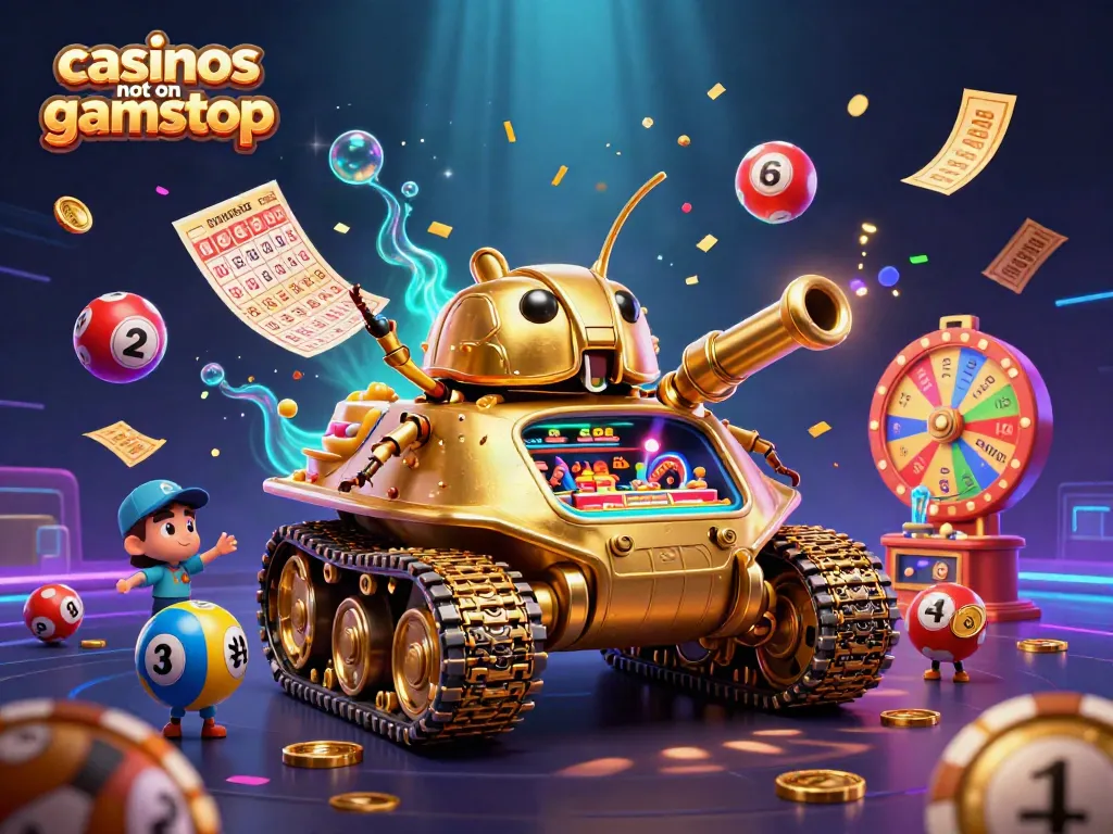 Engage the fun of casinos not on gamstop with a dynamic illustration of a vibrant casino scene inside a golden beetle tank.