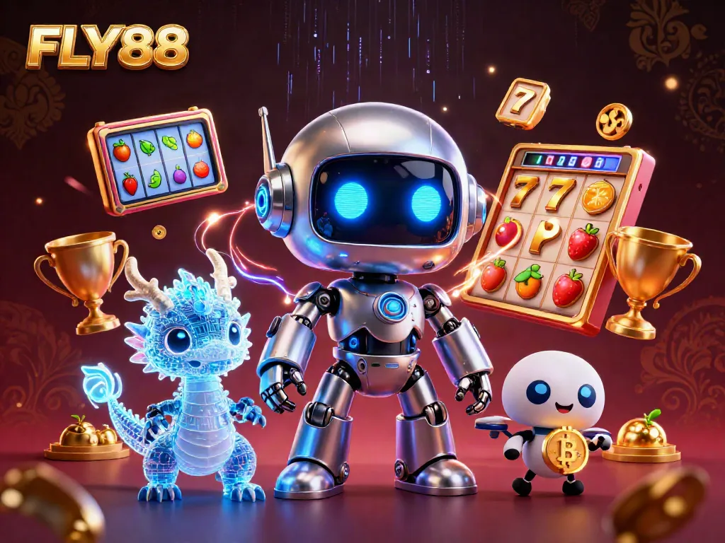 FLY88 showcases thrilling slot games in an exciting 3D casino illustration with vibrant characters and action.