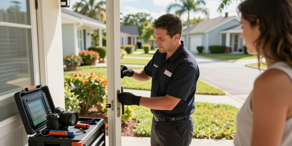 Mobile locksmith Fort Lauderdale assisting a homeowner with lock repairs in a sunny neighborhood.
