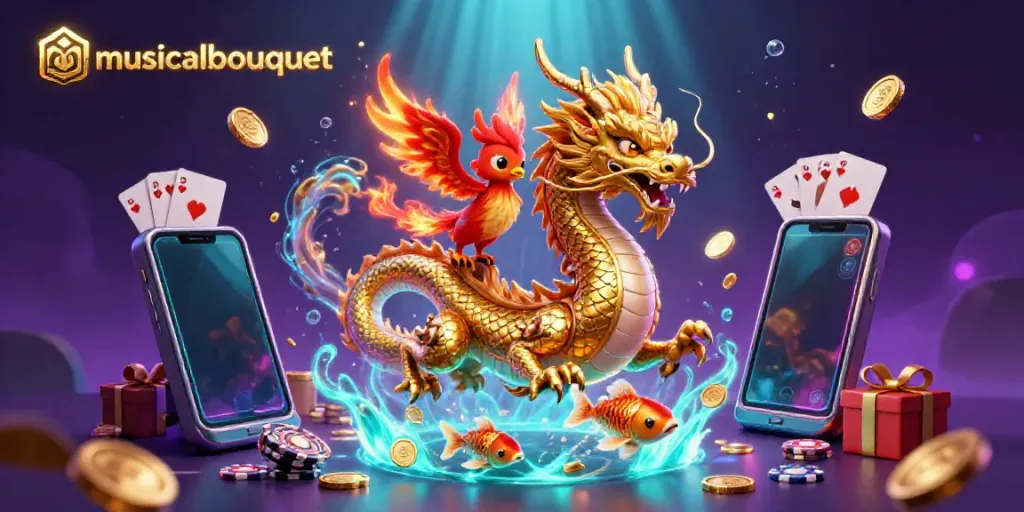 Play slots and win with musicalbouquet's exciting casino illustration featuring a dragon and phoenix.