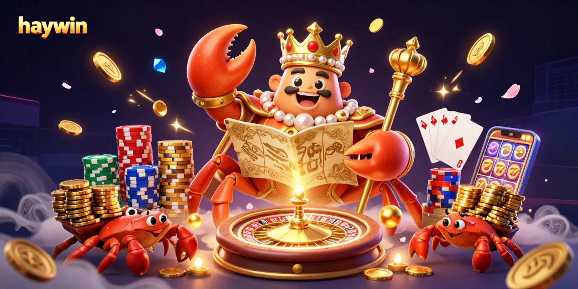 Experience the vibrant haywin gambling world with a golden crab emperor amidst sparkling treasures.