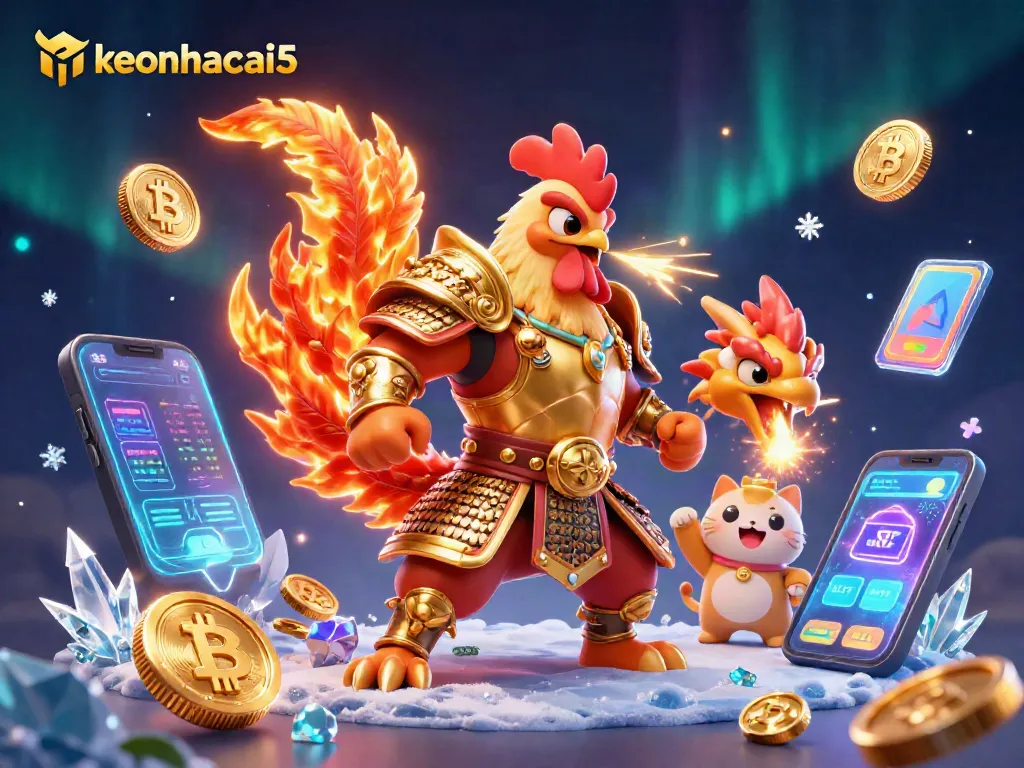 Engage in exciting battles with keonhacai5 through a dynamic 3D illustration featuring gaming elements and vibrant characters.