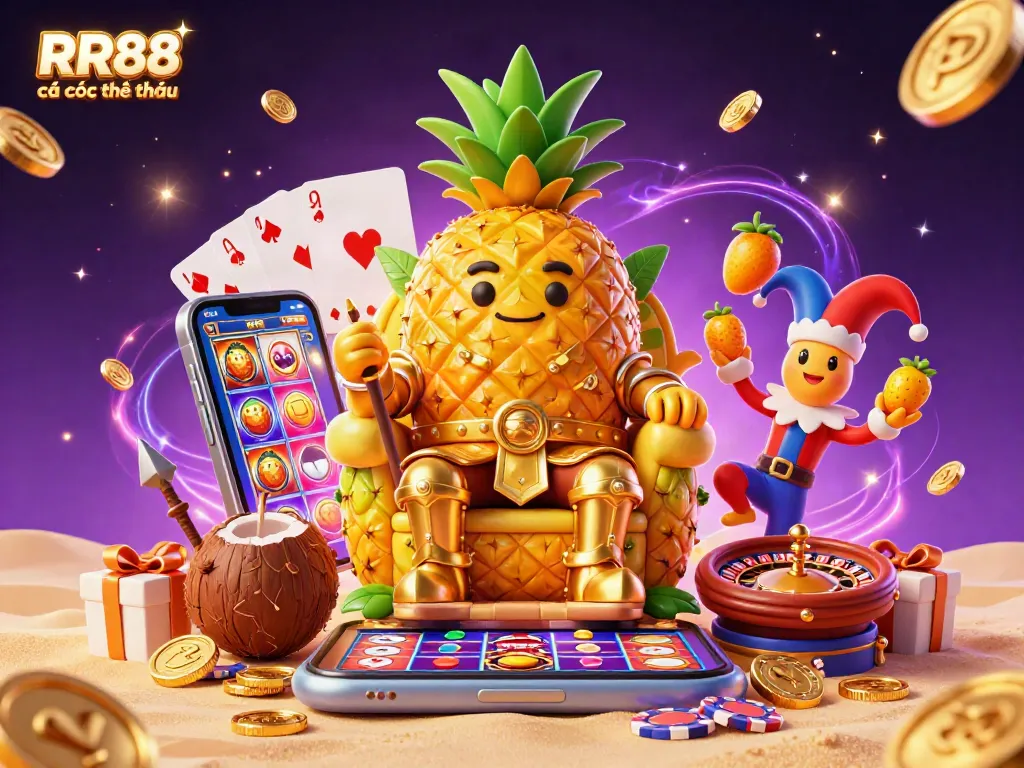 Engage in RR88 cá cược thể thao with a vibrant scene featuring a golden pineapple king and dynamic casino elements.