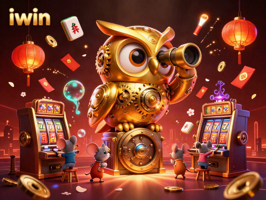 Spin the reels at iwin with a whimsical scene of a golden owl and lively casino elements.