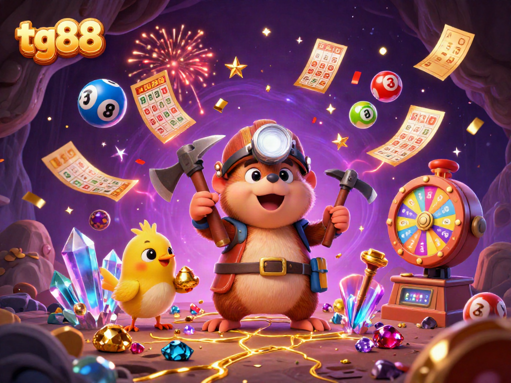 Experience the excitement of tg88 with a treasure hunting mole amid vibrant gambling elements.