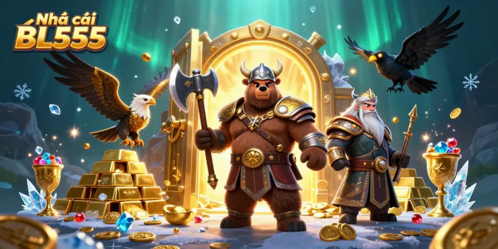 Experience dynamic action with Nhà cái BL555's ultra-detailed 3D Viking berserker, Valkyrie, and gaming treasure elements.