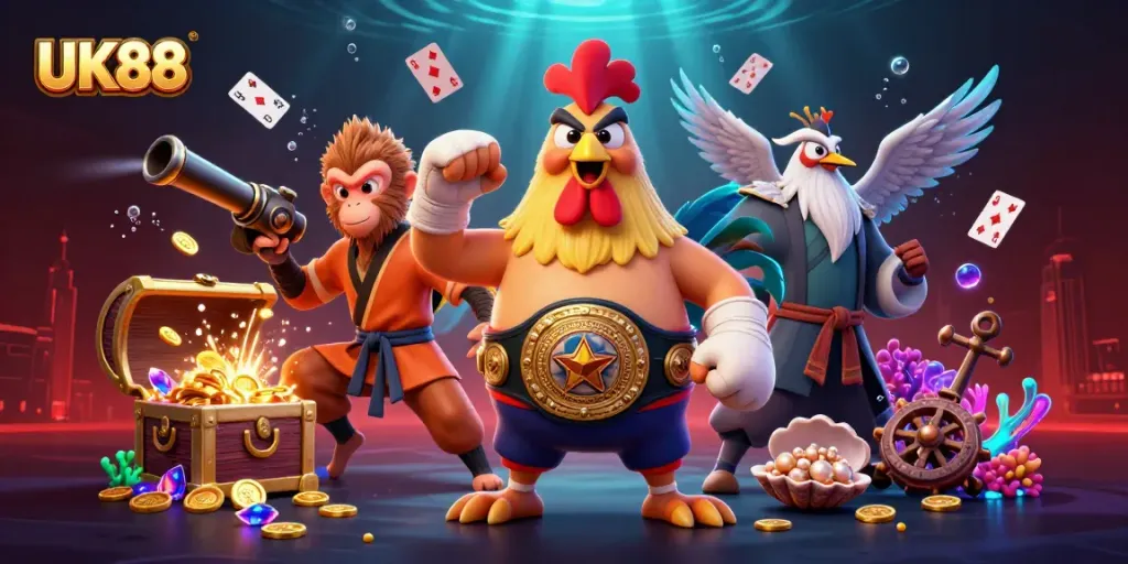 Engage with UK88's dynamic gambling atmosphere featuring exciting characters and treasure elements.