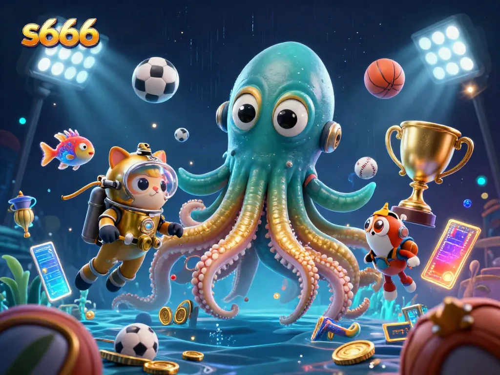 Experience thrilling gaming with s666 featuring a kraken and diving cat amidst floating sports elements in a vibrant scene.