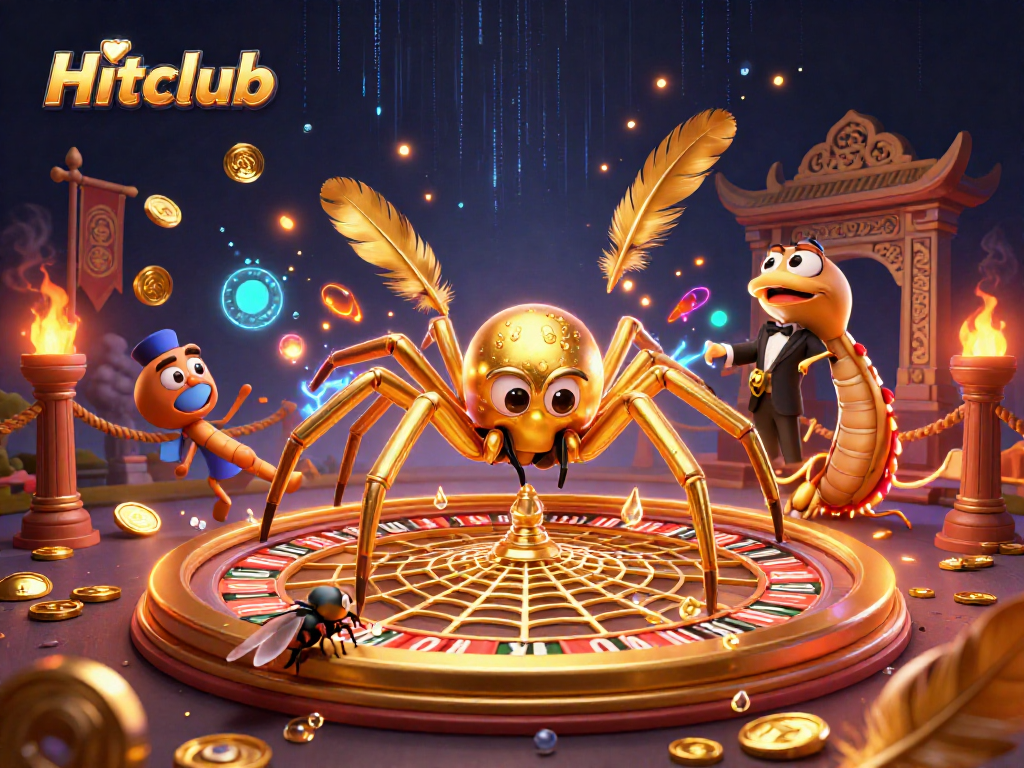 Experience thrilling bets at Hitclub with a golden spider roulette scene featuring vibrant animated characters.
