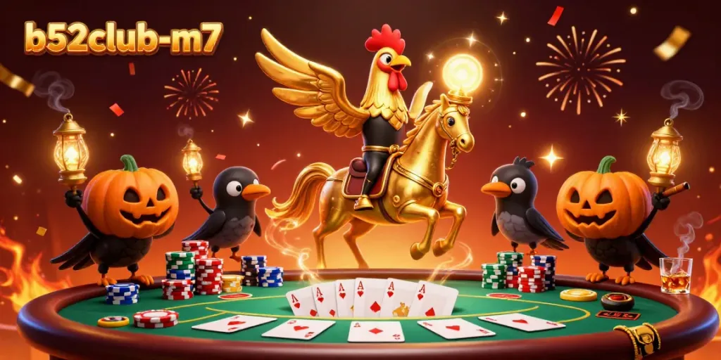 Join the b52club-m7 gaming excitement in this vibrant casino scene with dynamic characters and rich decorations.