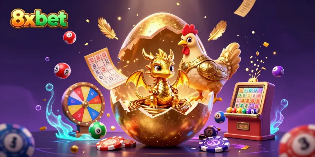 Experience excitement with 8xbet as a golden dragon guards riches surrounded by dynamic gambling elements.