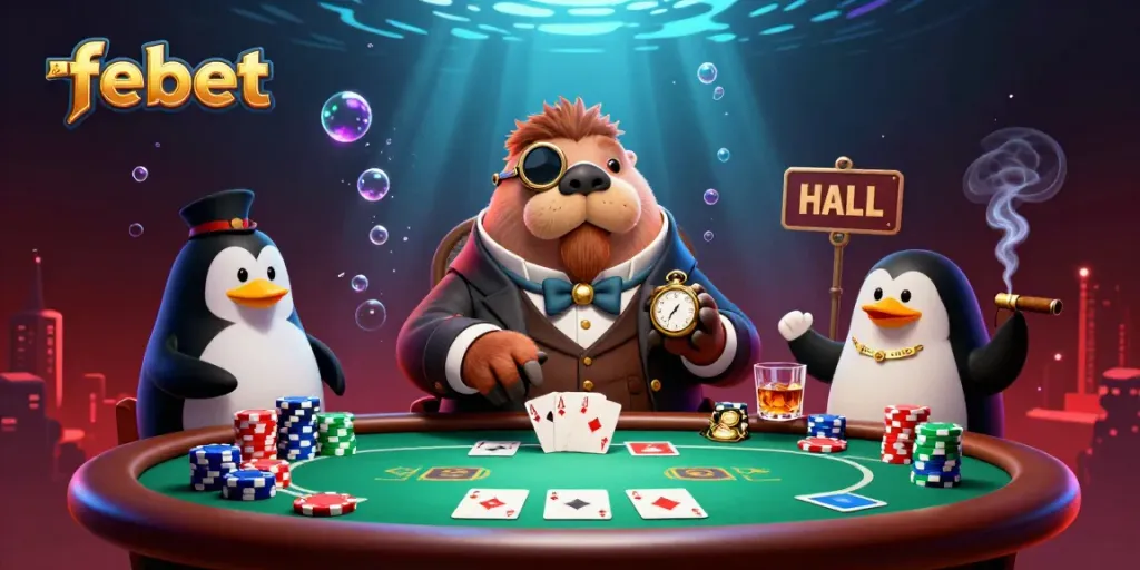 Feel the excitement at febet's underwater poker table with a jolly walrus, sophisticated penguin dealer, and a bluffing pufferfish.