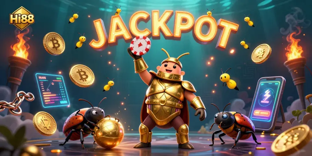 Join the excitement at Hi88 with a thrilling jackpot scene featuring cartoon characters in an engaging casino atmosphere.
