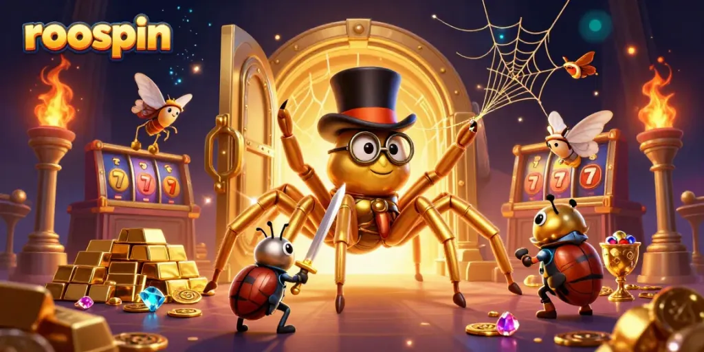 Spin the reels at Roospin Casino with a dynamic 3D scene featuring rich treasures and lively characters.