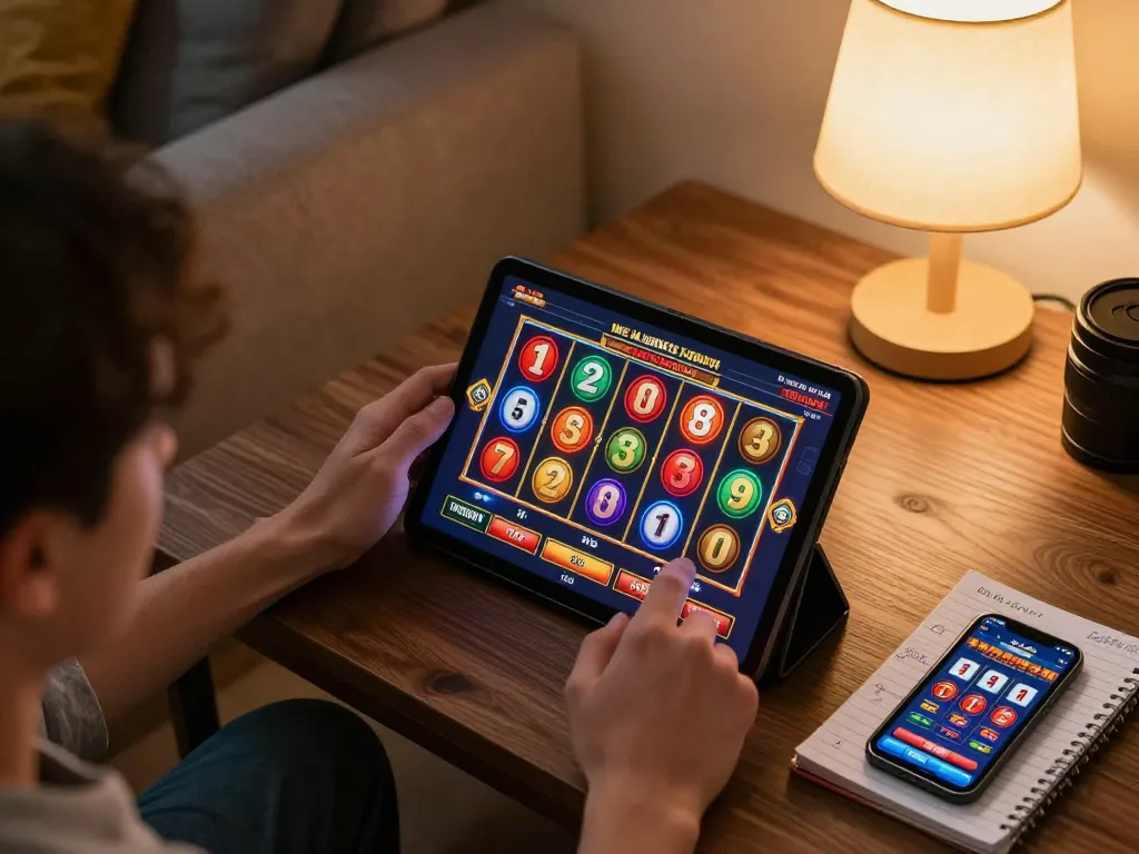 O8 player winning on tablet slots in stylish home, showing engaging online gaming atmosphere