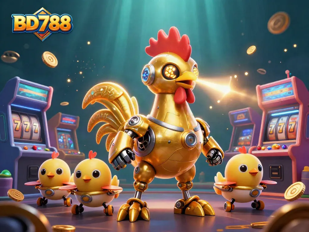 Engage with BD788, where a golden rooster robot features in a vibrant casino scene filled with arcade machines and slot reels.