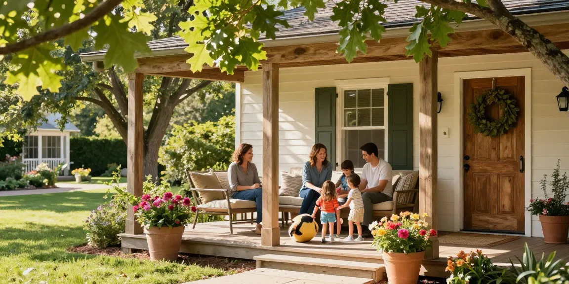 Family enjoying quality time on a sunny oak porch with garden view.
