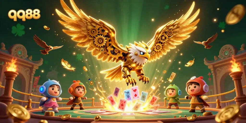 Experience the thrill of qq88 online with this dynamic 3D casino-inspired illustration.