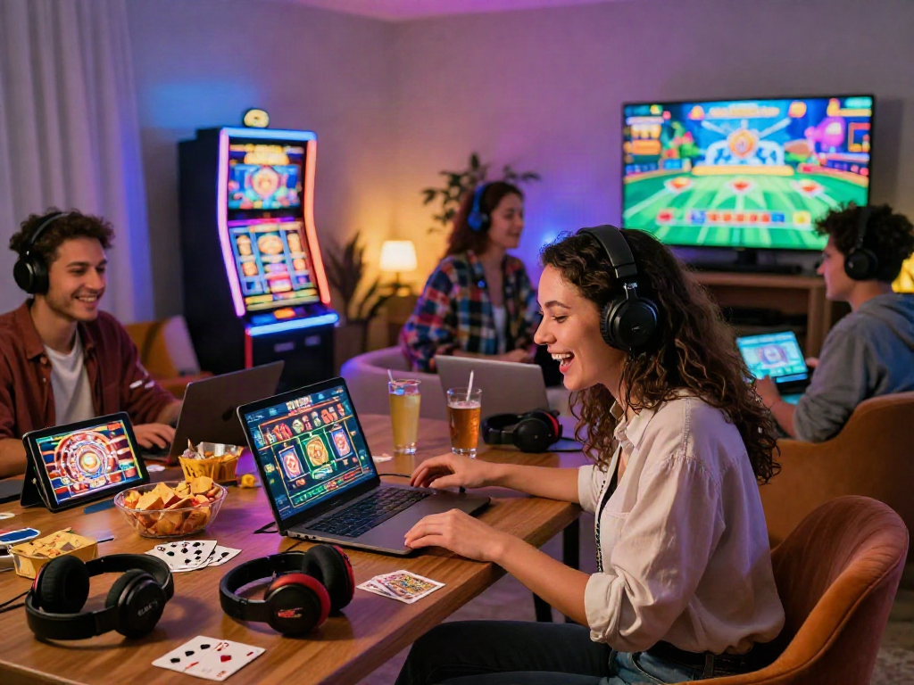 Exciting casino online gaming in vibrant living room with players on devices.