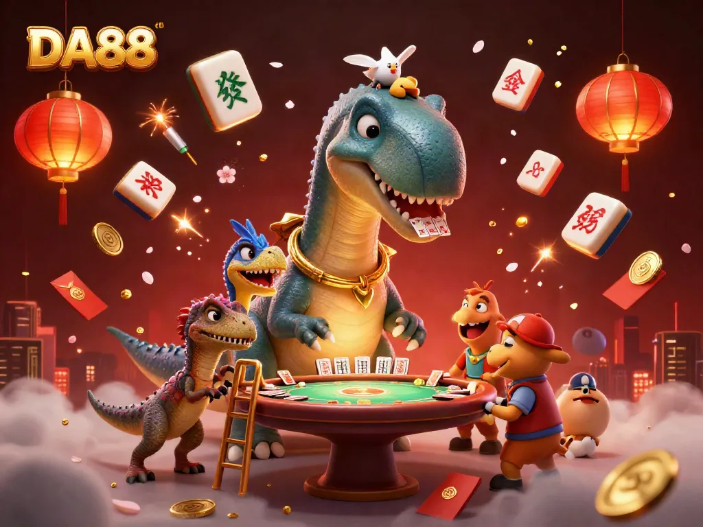 Experience thrilling gameplay at DA88 with a playful dinosaur and card-dealing raptor in vibrant casino atmosphere.
