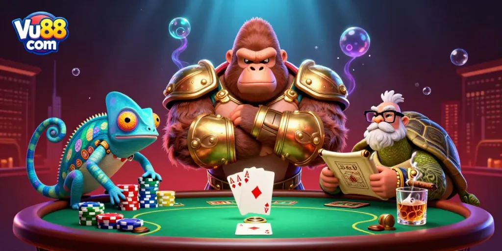 Experience thrilling gambling adventures at Vu88 com with colorful poker scenes filled with characters.