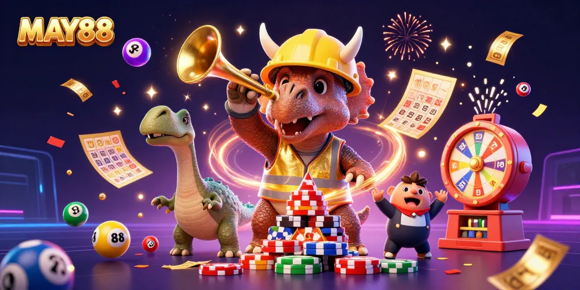 Engage in MAY88 winning fun with a vibrant 3D illustration of a triceratops building chips.