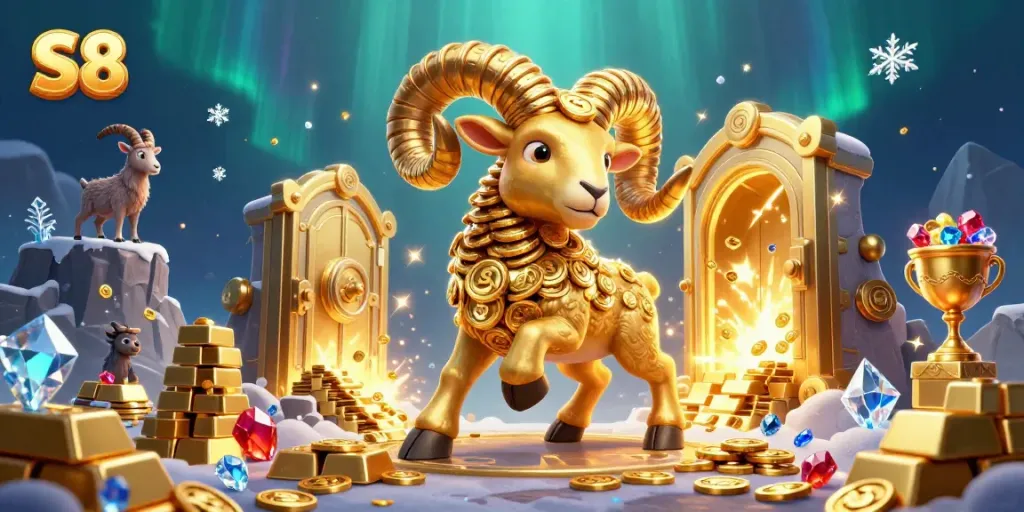 Experience thrilling casino action with S8's vibrant golden ram and treasure-filled atmosphere.