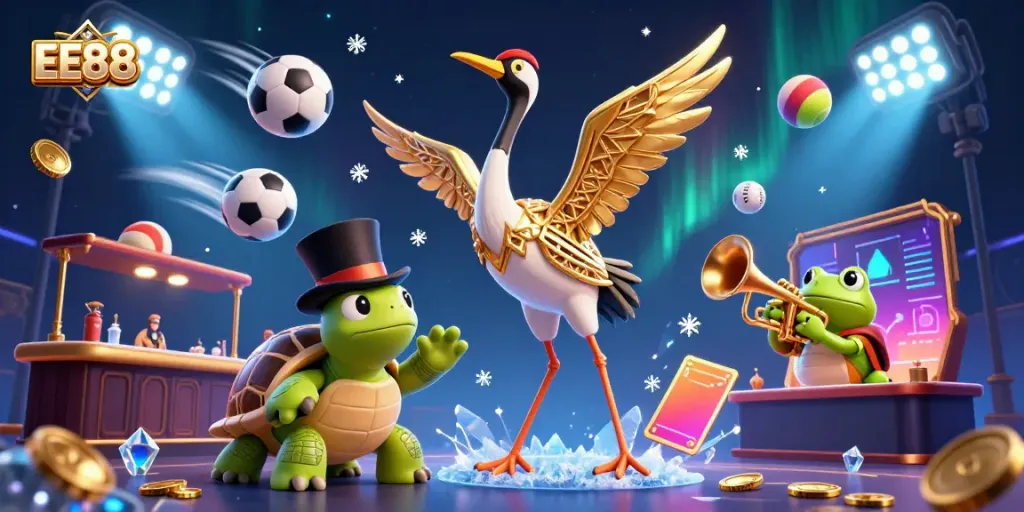 Experience dynamic gaming excitement with EE88 in this vibrant 3D casino illustration showcasing lively characters and game elements.