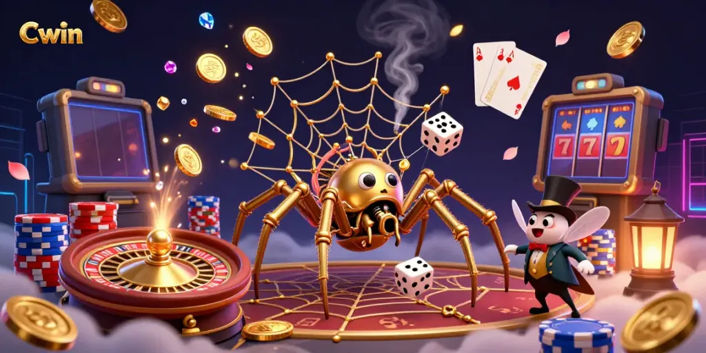 Experience Cwin's engaging online casino world with immersive 3D golden spider and vibrant gaming elements.