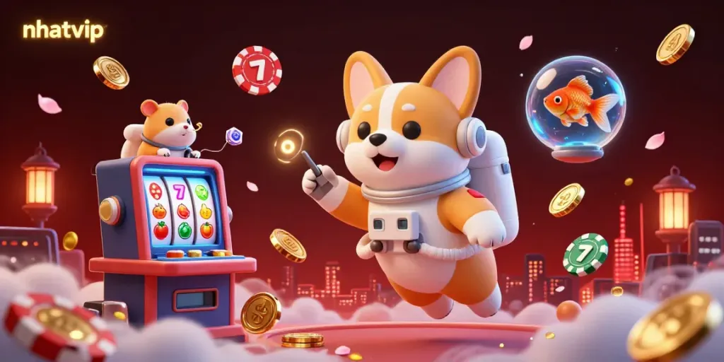 Nhatvip casino experience with a space-themed astronaut corgi, poker elements, and dynamic atmosphere.