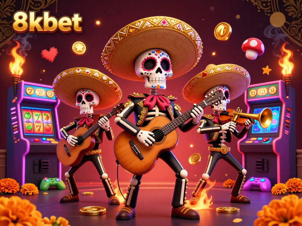 Engage with the unique 8kbet gaming experience featuring dynamic slot reels and mariachi characters.