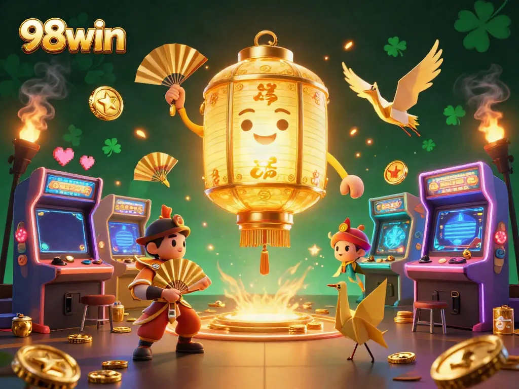 Experience the excitement of 98win's vibrant casino scene featuring colorful game elements and dynamic characters.