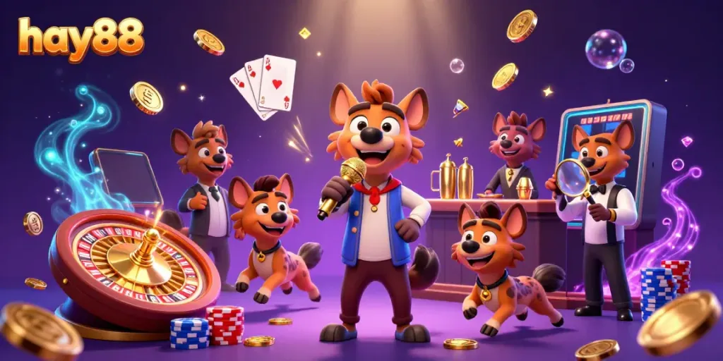 Experience the excitement at hay88 casino with animated hyenas in a vibrant 3D scene, playing games and sharing fun.