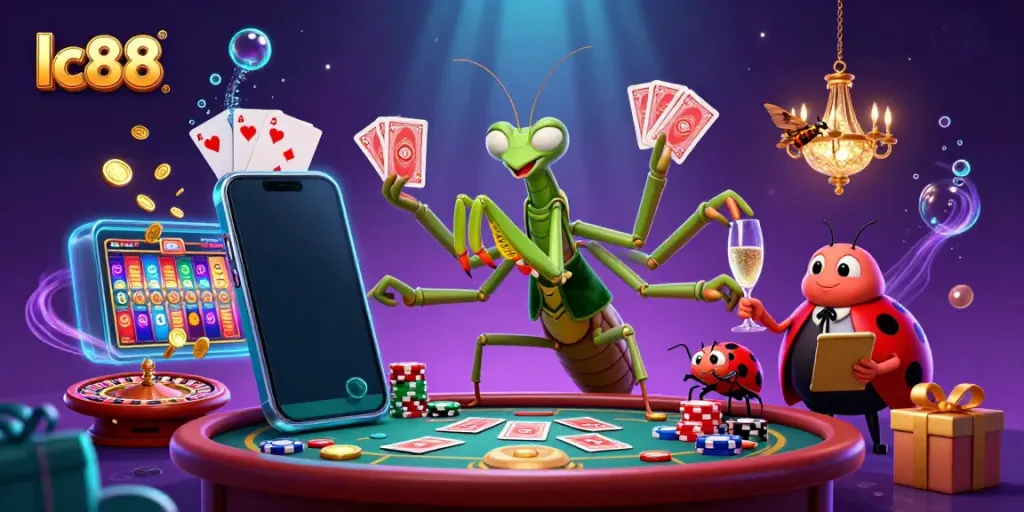 Experience dynamic gameplay and excitement at lc88 with a vibrant casino scene showcasing a giant praying mantis and ladybug pit boss.