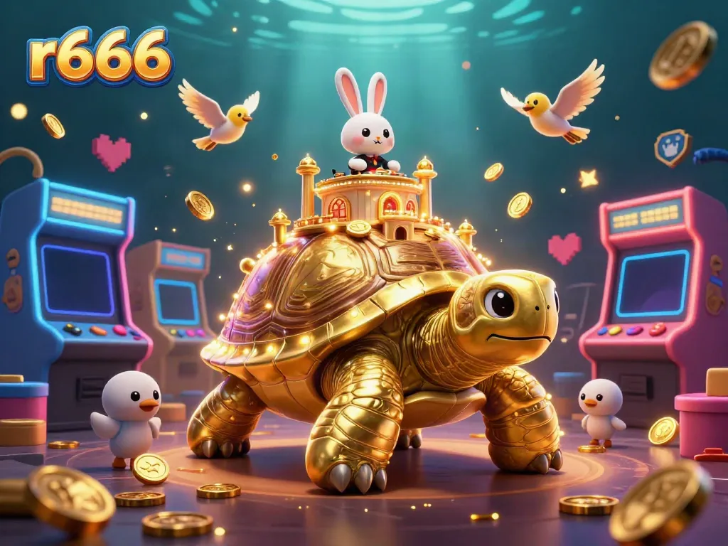 Experience vibrant gaming at r666 with golden tortoise casino, vibrant lights, and flying coins.