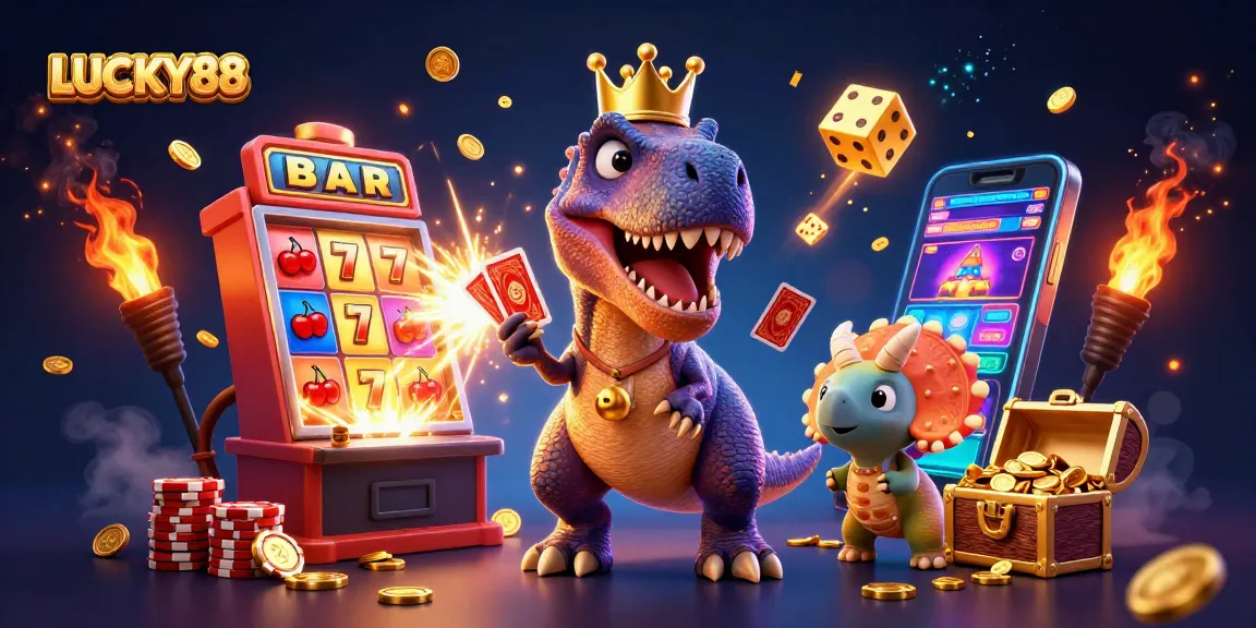 Engage with LUCKY88's vibrant casino scene featuring a T-Rex juggling cards and playful characters.