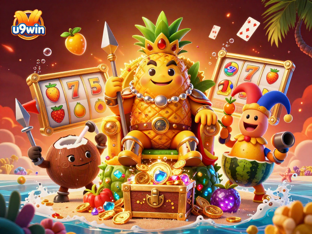 Engage in the excitement of u9win's vibrant beach casino with golden symbols and playful characters.