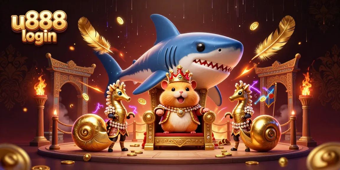 Join exciting gameplay at u888 login with a hamster king on a megalodon throne amidst vibrant casino elements.