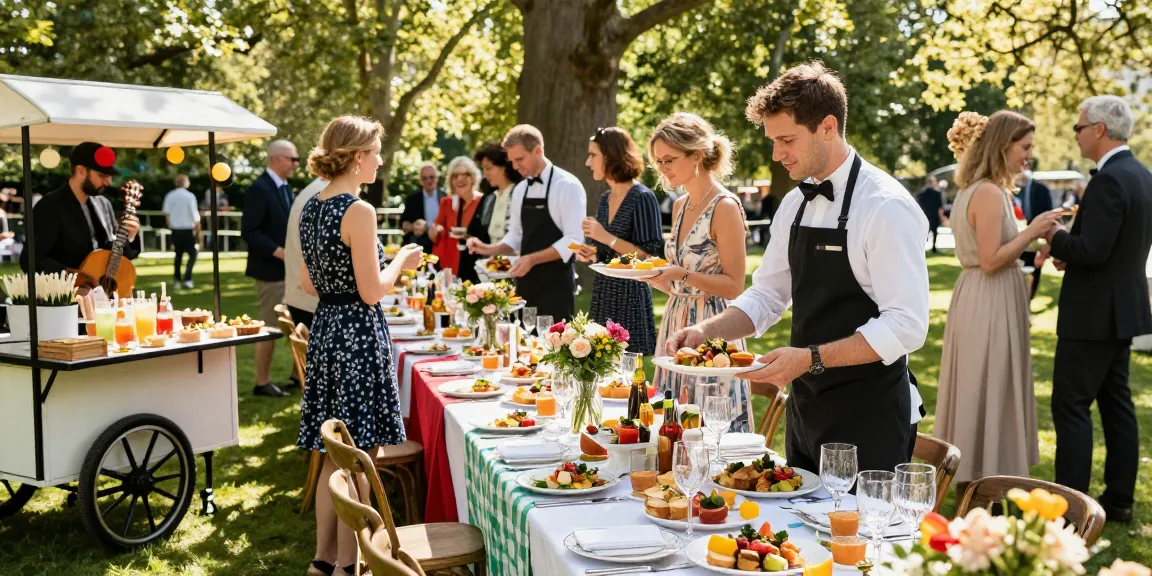 Catering Hire London event featuring elegant dishes and joyful guests celebrating outdoors.